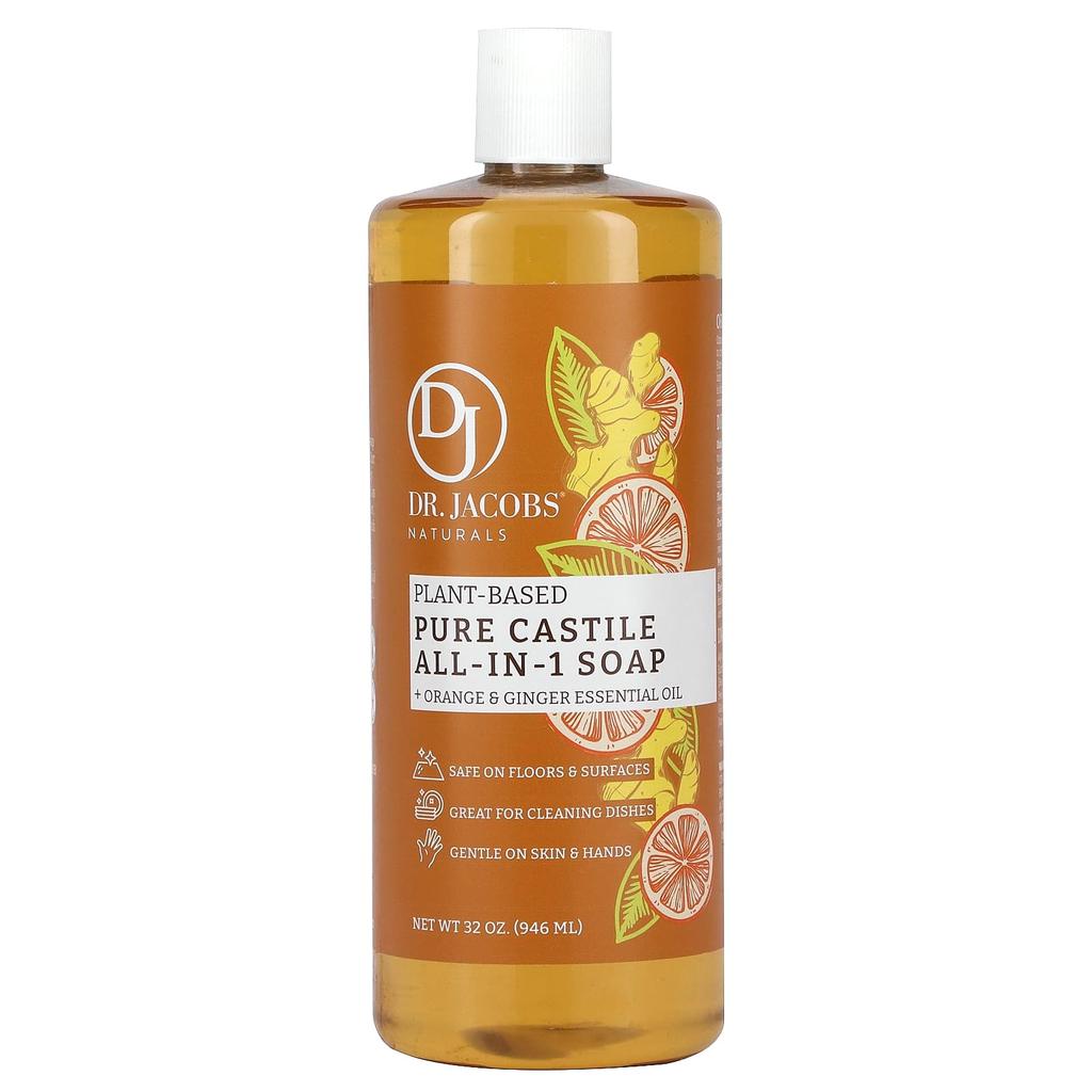 Dr. Jacobs Naturals Botanical Pure Castile All-in-One Soap, Orange & Ginger Essential Oil, 32 Oz (946 Ml)