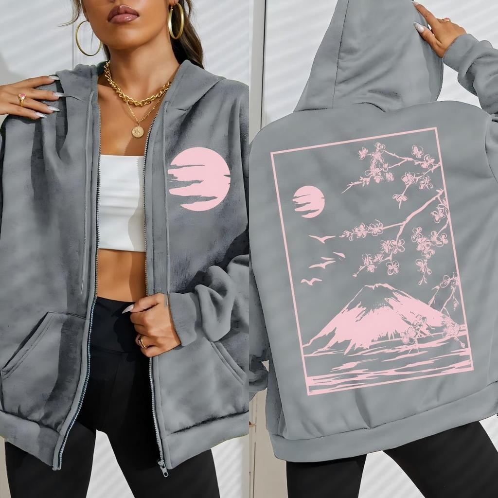 Токио Сакура Гора Фудзи Шаблон Визитки Женское Худи на Молнии Хип-Хоп Свободное Худи Мягкая Повседневная Одежда Флисовые Толстовки