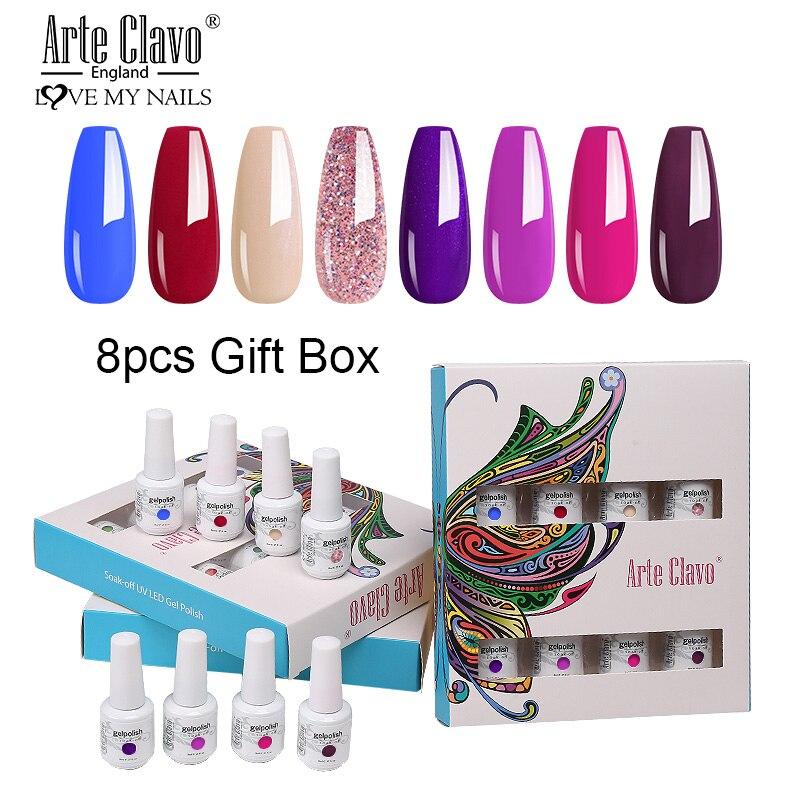 Arte Clavo 8 бутылок/набор, высококачественный блестящий гель-лак для ногтей для маникюра, гель-лак для дизайна ногтей, верхнее базовое покрытие, лак
