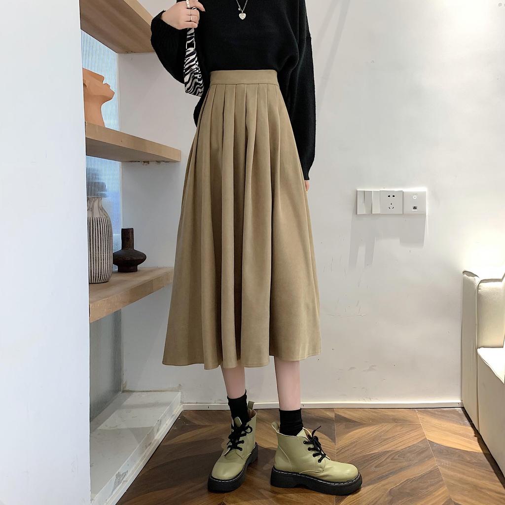 Korean Style Women's Midi Skirt Autumn High-Waisted Corduroy Long Skirt Women College Style Pleated A-Line Skirts