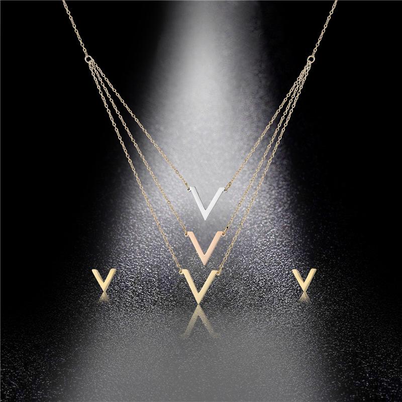 Layered Necklace Earrings Set Jewelry Women Gold Silver High Quality Link Chain Letter V Stainless Steel Necklaces