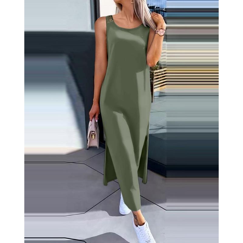 VEZFAA Женская мода лето весна однотонный принт без рукавов с круглым вырезом повседневные платья