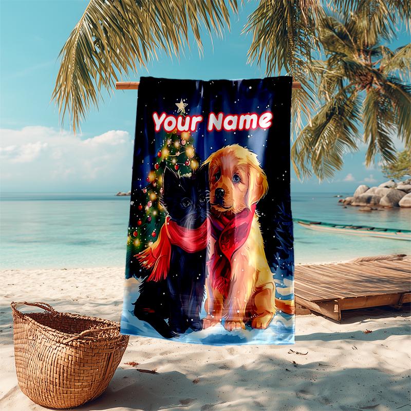 1PC Custom Name Christmas Cats Dogs Beach Towel Highly Absorbent And Sand-Resistant Towel for Swimming, Pool, Yoga, And Travel Lightweight