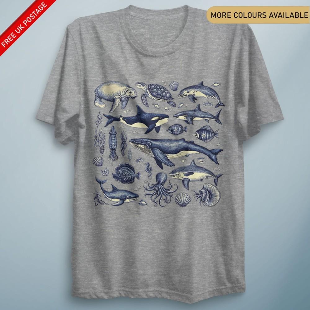 Marine Creatures Sea Life TShirt Dolphin Whale Ocean Animal Lover Tee