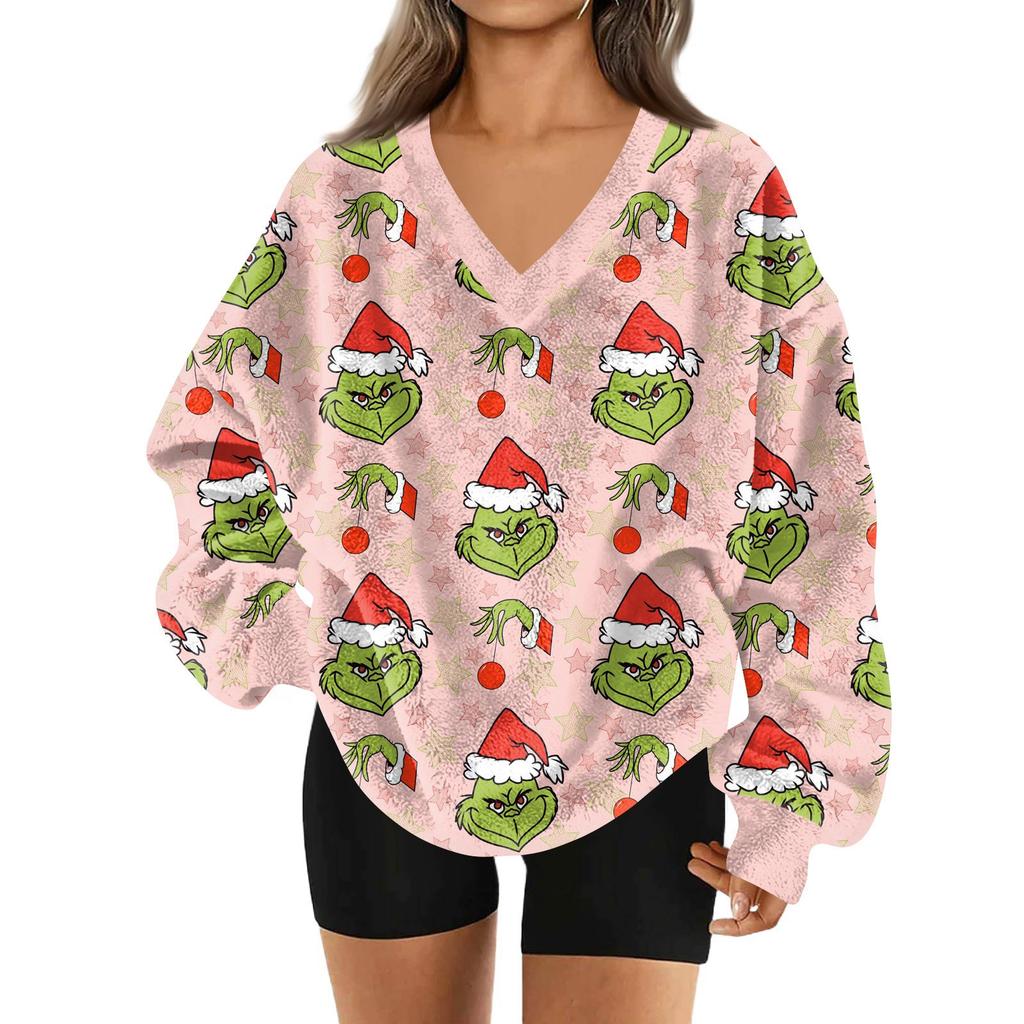 Женский модный пуловер с V-образным вырезом, рождественским принтом, длинным рукавом, повседневный, плюшевый, теплый, с карманом, толстовка, топ