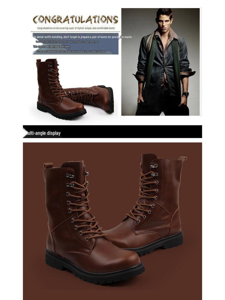 Кожаные ботинки в стиле милитари с высоким верхом, нескользящие, на флисовой подкладке - Легкие, износостойкие и теплые для походов и работы.