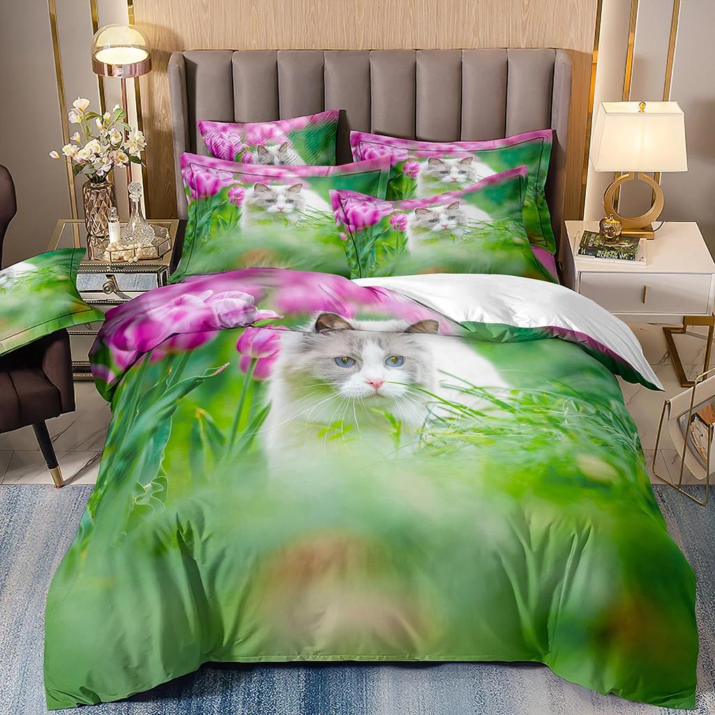 Милый кошачий постельный комплект Домашнее украшение спальни Мальчик Девочка Пододеяльник Наволочка Детские комплекты одеял подарок 2/3 шт.