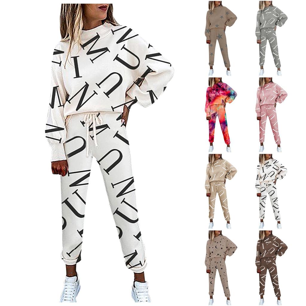 Женский модный повседневный брючный костюм с высоким воротом на шнуровке и длинным рукавом с принтом тай-дай