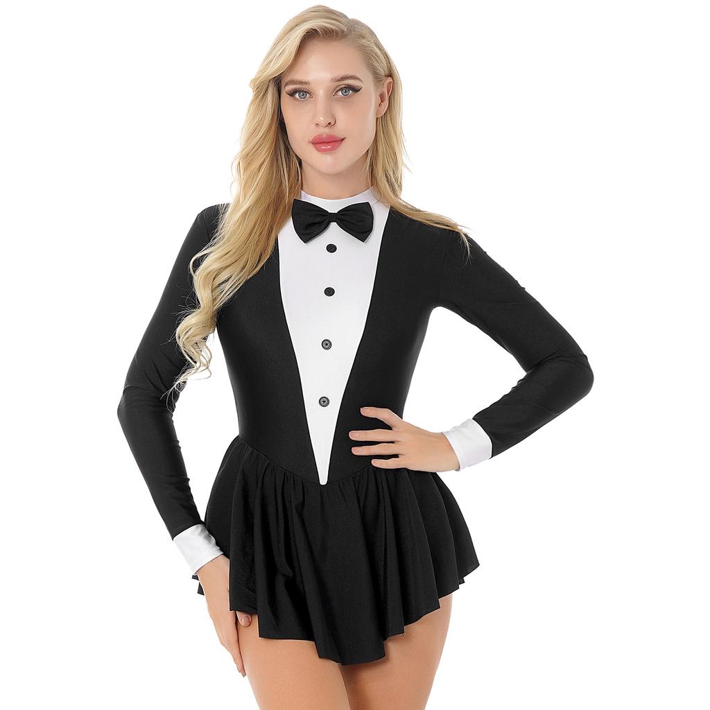 Women's Party Hostess Costume S-XXL: Stylish Contrast Tuxedo Dress Featuring Bow Buttons and Long Sleeve Ruffle Cuffs