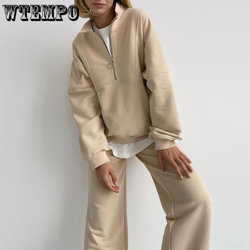 Однотонные свободные комплекты из двух предметов с воротником на половину молнии, женские повседневные одинаковые комплекты, осенне-зимние пуловеры и костюм с широкими брюками