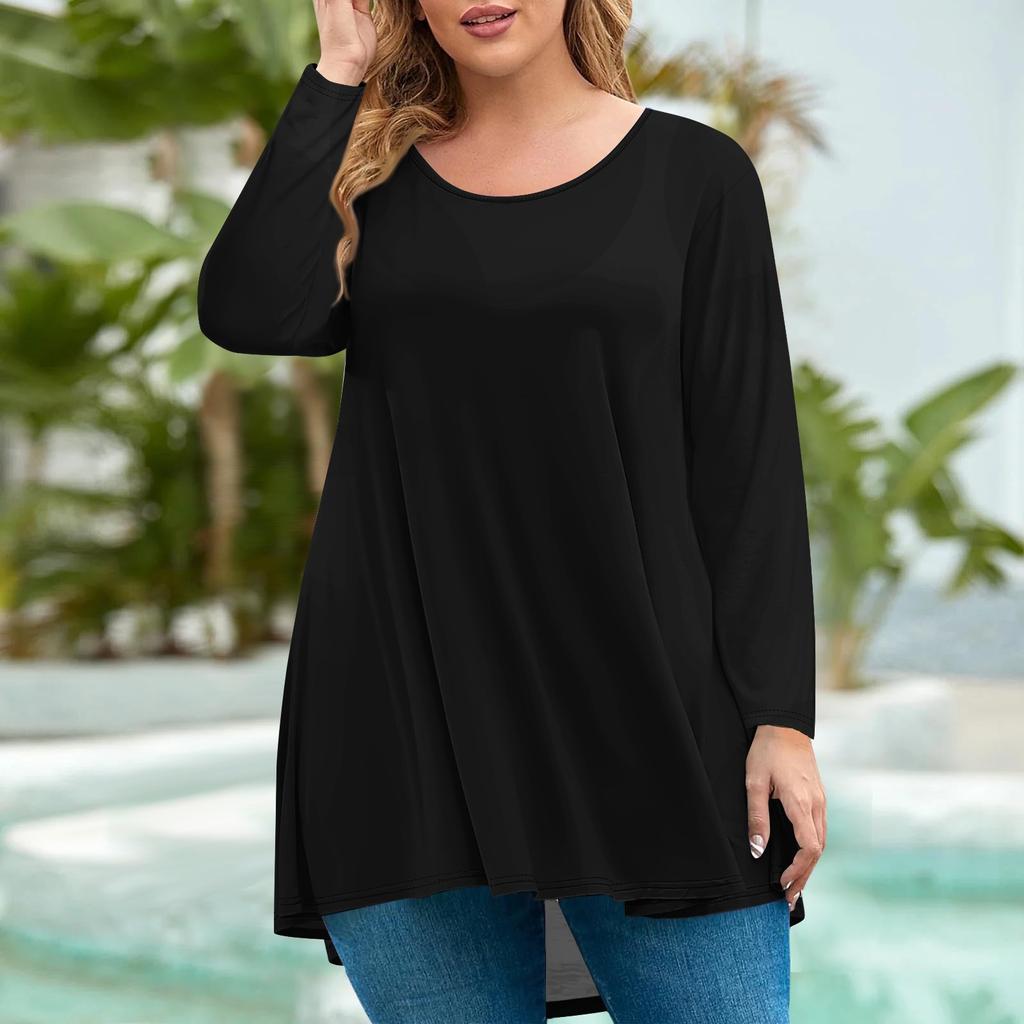 Женская мода большого размера с круглым вырезом и длинным рукавом, повседневный однотонный свободный пуловер