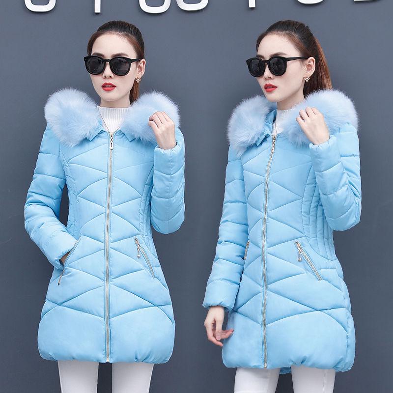 Women Cotton-Padded Jacket In Long Autumn Winter Thickened Big Wool Collar Cotton Coat Korean Slim Cotton-Padded Coat