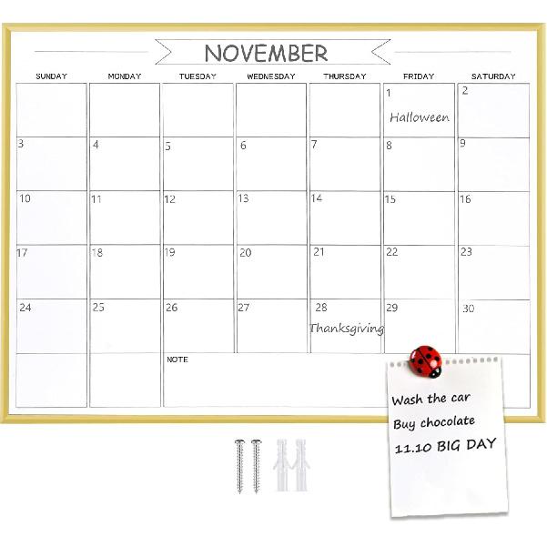 Dry Erase Monthly Calendar Whiteboard, 10.5"x 14.5" Gold Aluminum Frame, Magnetic White Board for Wall Office/School/Home, Hanging Board for