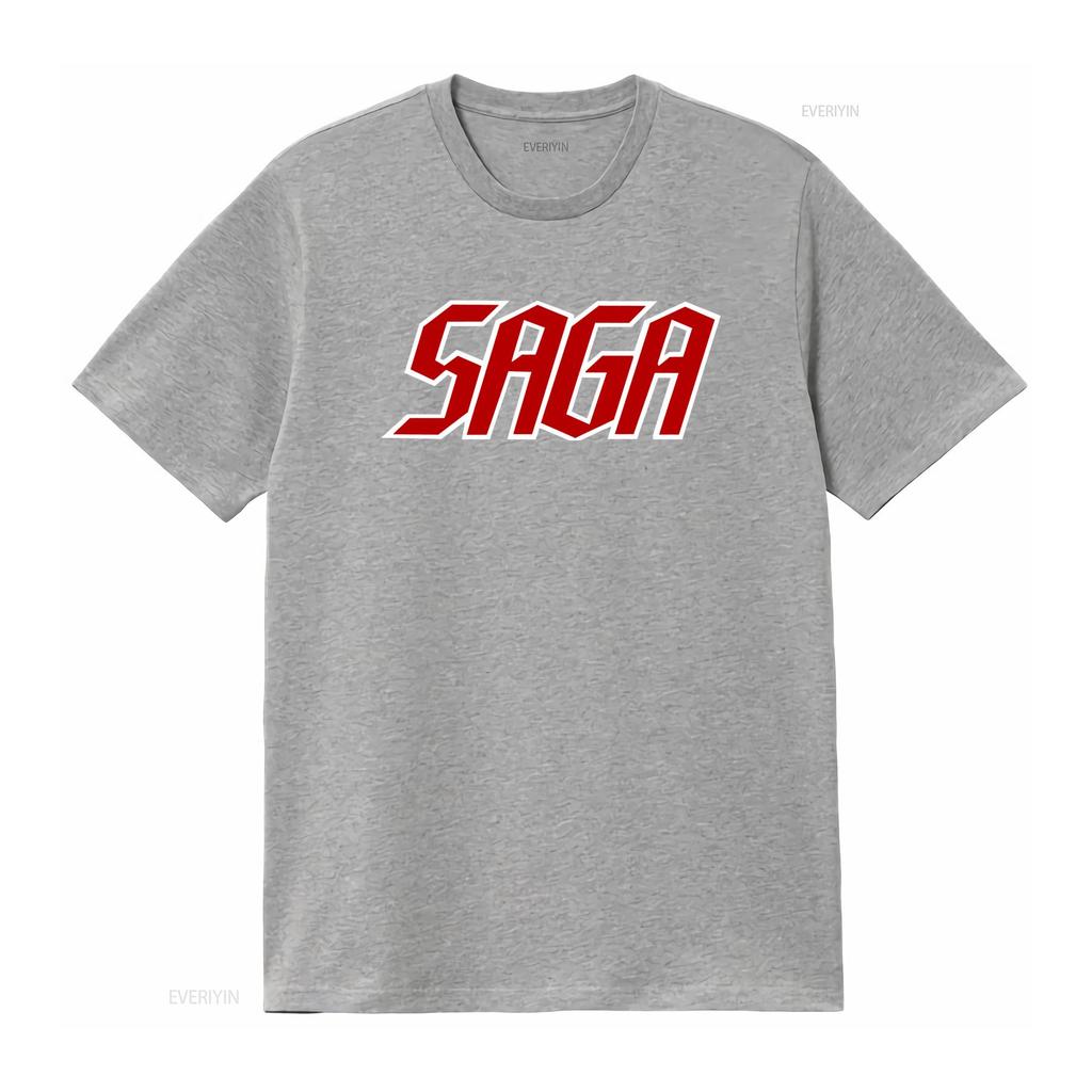 Saga Band Logo Black T Shirt All Sizes Available Bold Red White Design for Music Fans Comfortable Cotton Fabric Perfect