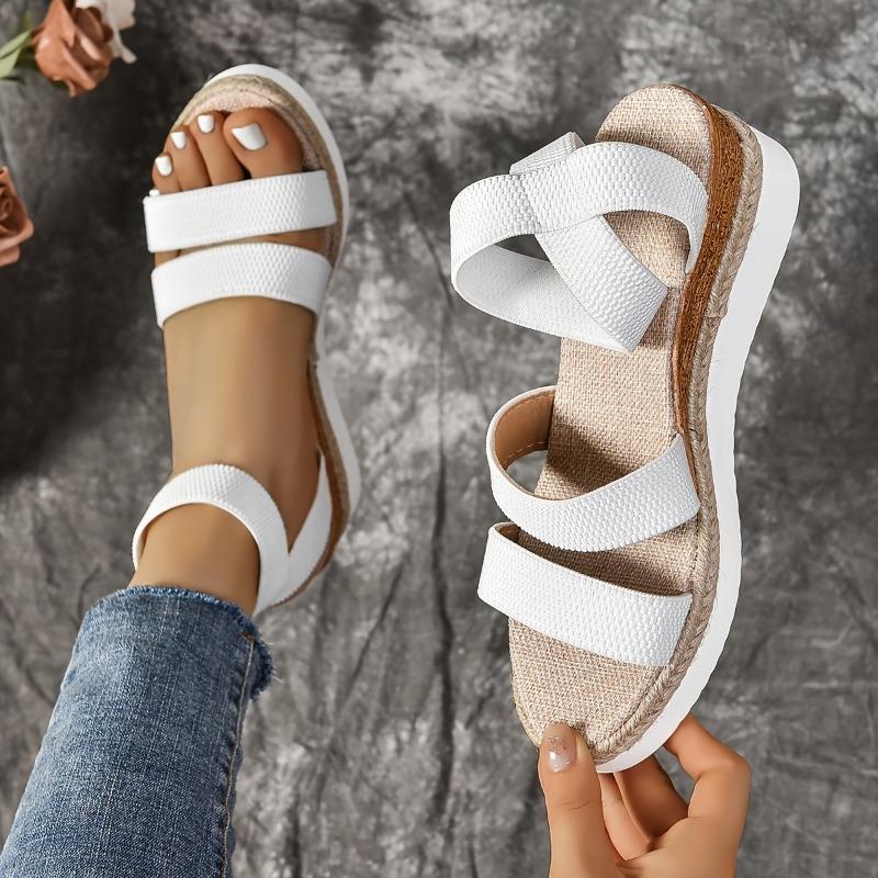 Мода 2024 года, горячая распродажа женской обуви, женские сандалии с эластичной резинкой, летние римские с открытым носком, однотонные, повседневные пляжные сандалии на танкетке большого размера