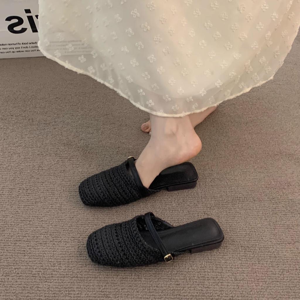 Evening Wind Flat Bottom Niche Woven Half Slippers Women's Outer Wear Spring and Summer Gentle Bag Head Cool Slippers