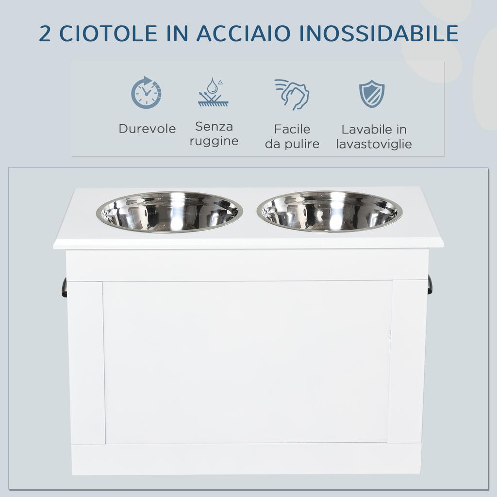 Raised Dog Bowls for Large Dogs, MDF Stand with 2 Stainless Steel Bowls, 60x30x41 cm, White