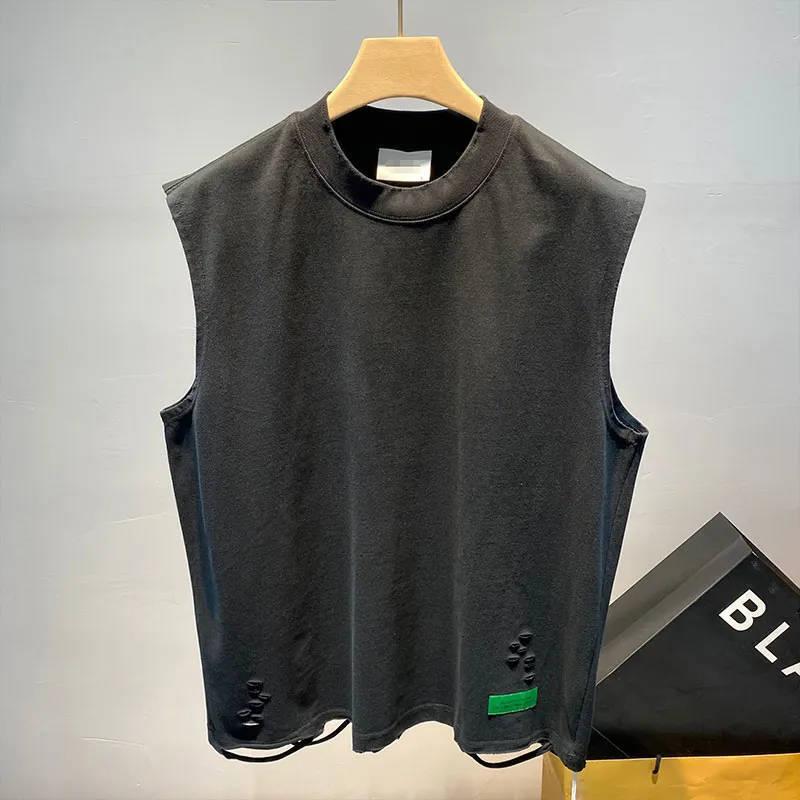 Летняя рваная дырка O-образный вырез мужская майка модная индивидуальная повседневная свободная футболка одежда спортивная повседневная уличная черная белая