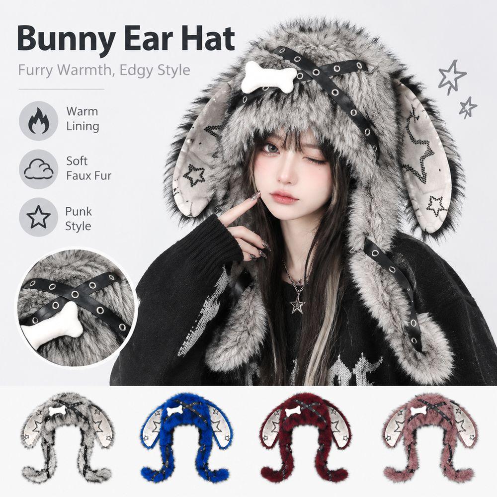Punk Style Bunny Ear Hat Y2K Streetwear Star Print Ears New Design Faux Fur Hat