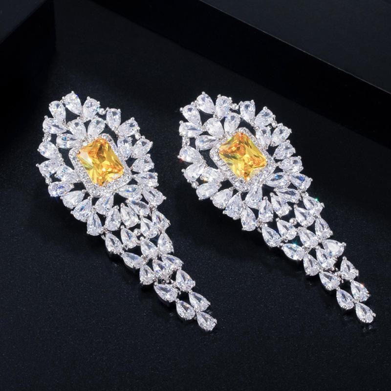 CMM Брендовые женские вечерние украшения из белого золота, роскошные квадратные желтые длинные серьги-капли с цирконом