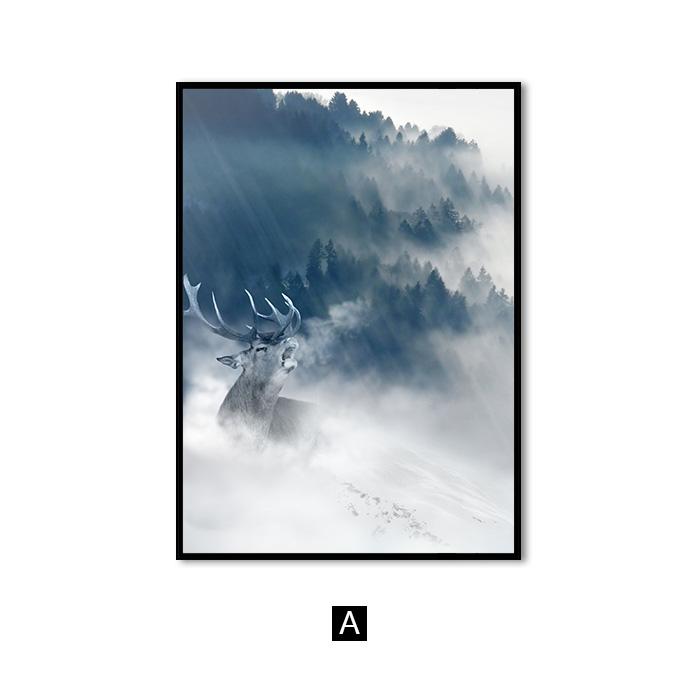 Скандинавский черно-белый постер с животными, волк, лось, настенная живопись на холсте, лес, снежная гора, принт, картина для гостиной, домашний декор