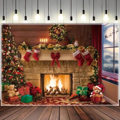 Рождественский камин, полиэстер, фон для фотосъемки, зимнее рождественское окно, снежинка, фон, подарок, елочный носок, олень, украшения для Санта-вечеринки