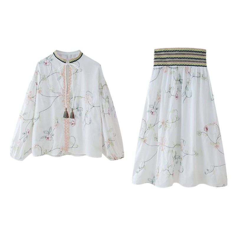 Fashion Style 2024 Summer New Arrival Women's Clothing Stylish Flower Embroider Shirt High Waist Skirt 5770037