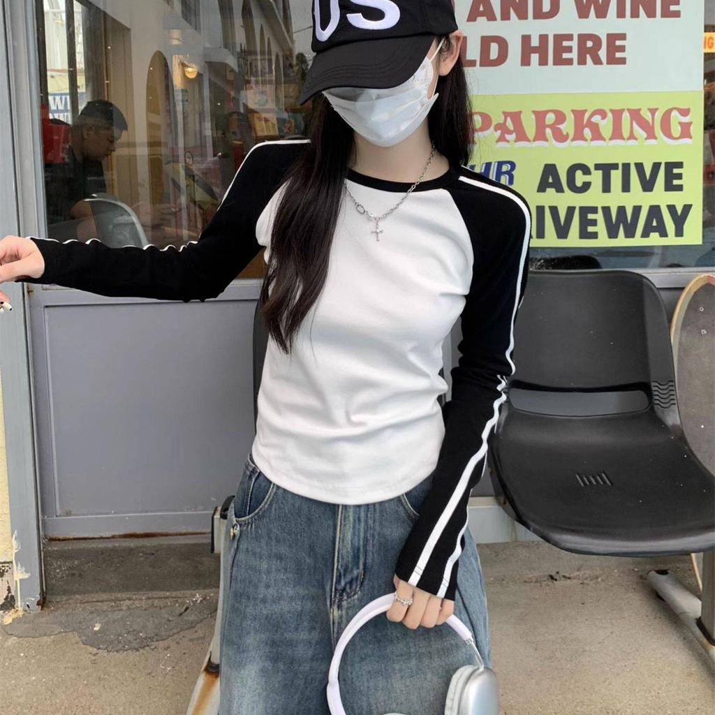 Женская ретро футболка с длинным рукавом реглан: Короткий топ для весны, осени, зимы