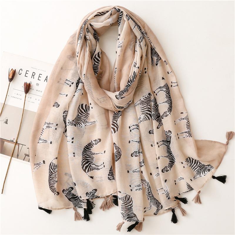 Japanese Style Fresh And Natural Animal Zebra Print Tassel Cotton Linen Hand Feel Scarf For Sun Protection And Warmth, Women'S Shawl