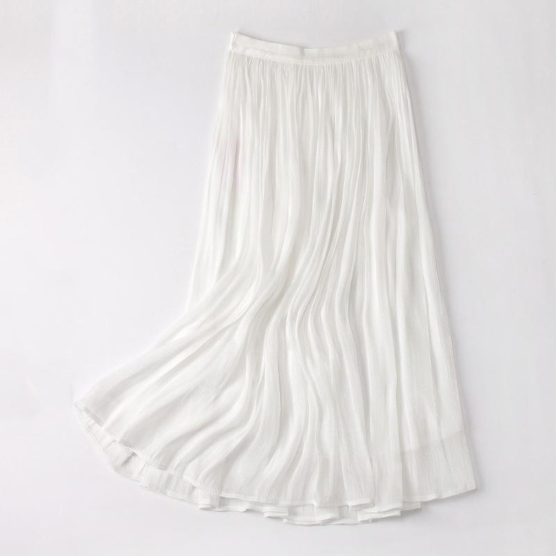 Qooth Women Gentle Solid Color Pleated Skirt Casual Elastic Waist Colorful A-line Skirt For Spring Summer QT2416