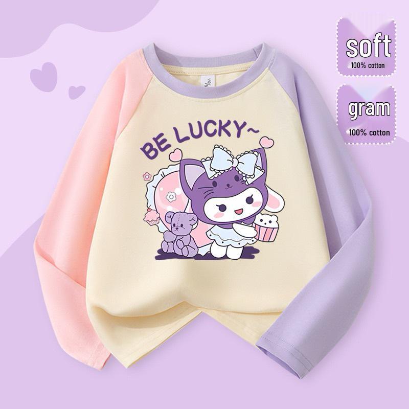 2025 Милая мультяшная футболка с длинным рукавом реглан в цветной блок для девочек