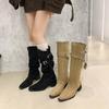 Новый стиль Роскошная женская мода Острый ковбойский грубый каблук Наборные ботинки Без колена Широкое голенище Женские ботинки Zapatos Mujer