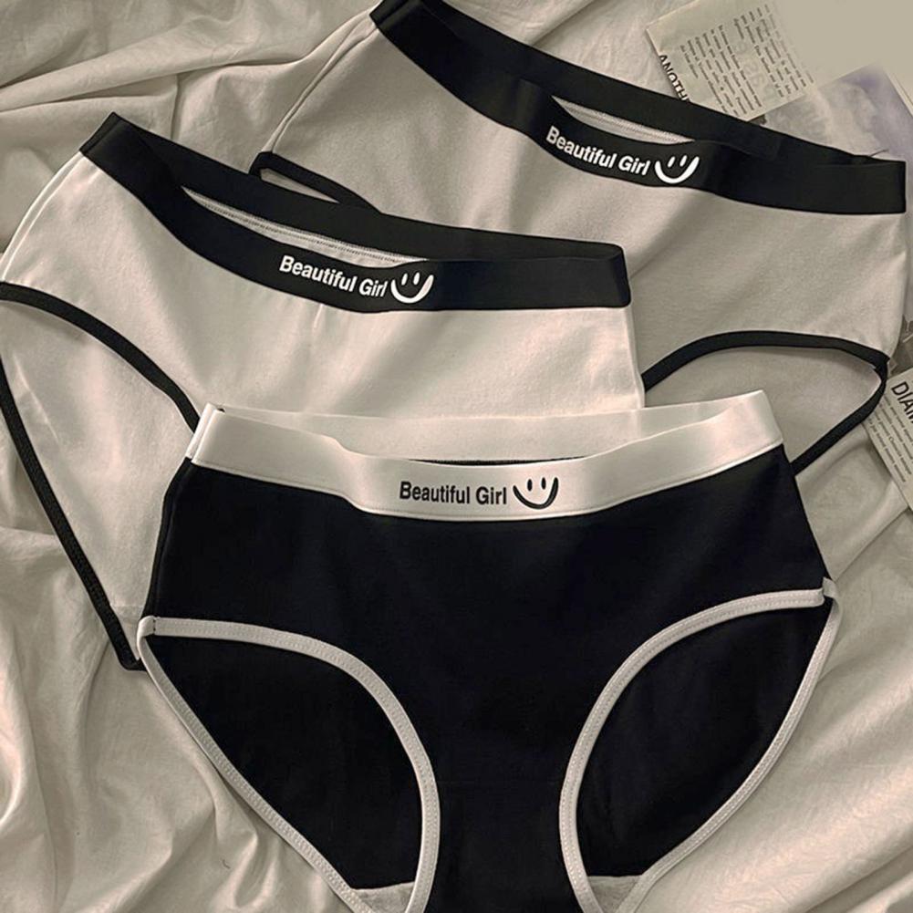 Women Panties Seamless Mid Waist Contrast Color Letter Pattern Elastic Soft Breathable Japanese Style Anti-septic Moisture-wicki