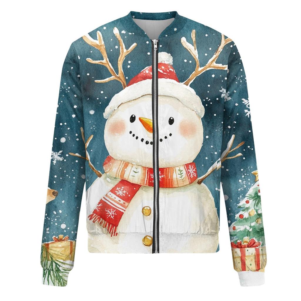 Женская легкая короткая куртка с длинными рукавами на молнии с принтом, повседневная стеганая куртка с карманами, рождественская