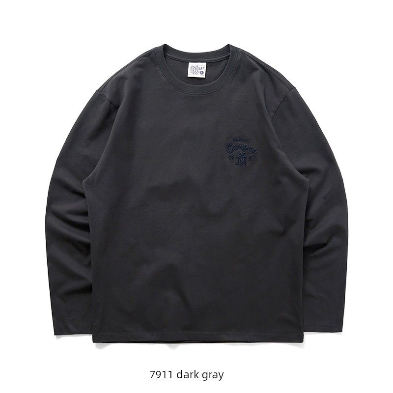 American vintage Embroidered Cotton Long sleeves Shirt Men's 2024 New Spring and Autumn Undershirt Foreign Trade Men's White T-shirt