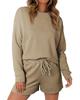 Apricot Khaki Textured Long Sleeve Top and Drawstring Shorts Set