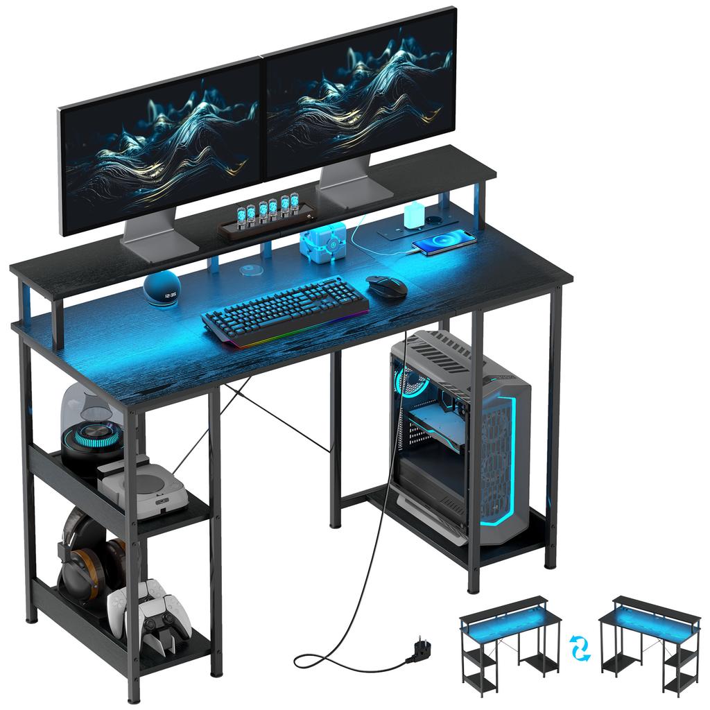 Reversible PC Desk with Power Outlets, Lights, Monitor Stand and Shelf, 120x50cm, Black