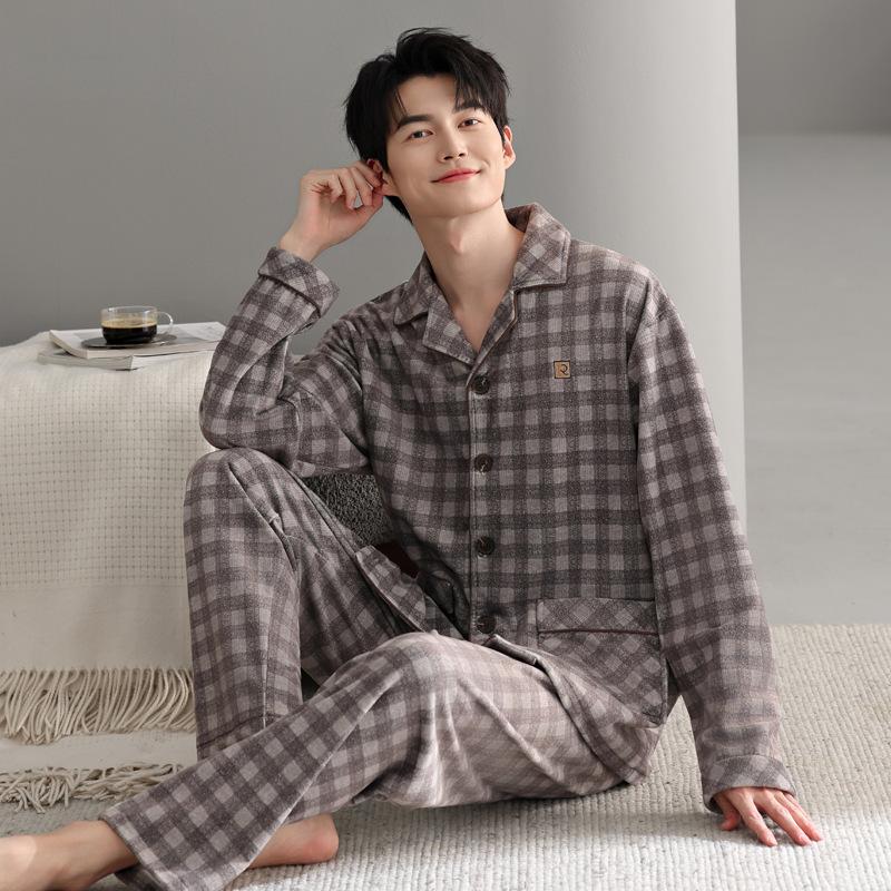 Пижама мужская осенне-зимняя из островного флиса, утолщенная флисовая, теплая, из кораллового флиса, зимняя, клетчатая, тонкий флис, домашний комплект