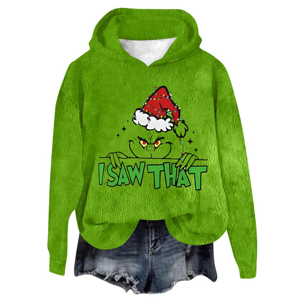 Women's Hooded Long Sleeve Christmas Printed Flannel Top Hooded Sweatshirt