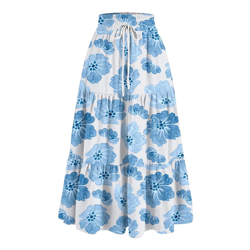 Women's Ruffled Spring Casual Long Skirt Plain Color Skirt Retro Pleated Skirt