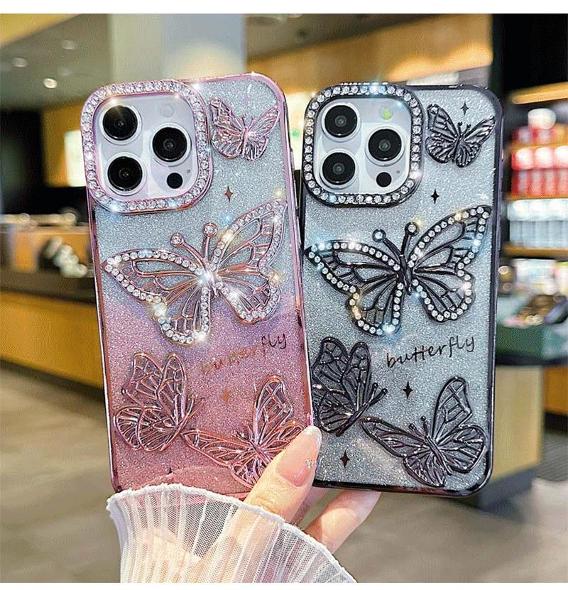 Women Girl'sTransparent Plating Soft Silicone Cover Diamond Butterfly Phone Case for iPhone 16 15 14 13 12 Pro Max