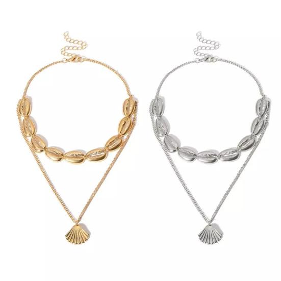 Женское ожерелье, двухслойный кулон, стильная полая цепочка, этническая ракушка, украшение на шею из нержавеющей стали, ювелирные изделия