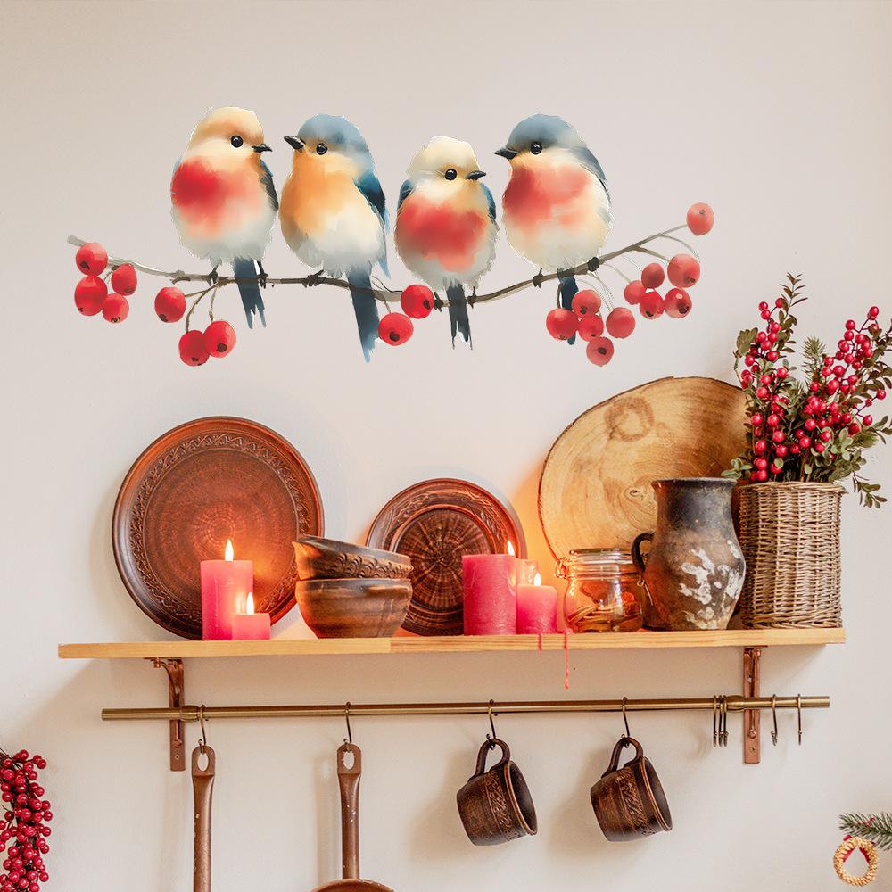 Ручная роспись акварелью птицы и красные ягоды на ветке Настенная наклейка Буколический Самоклеящийся Съемный Декор для Дома Гостиной