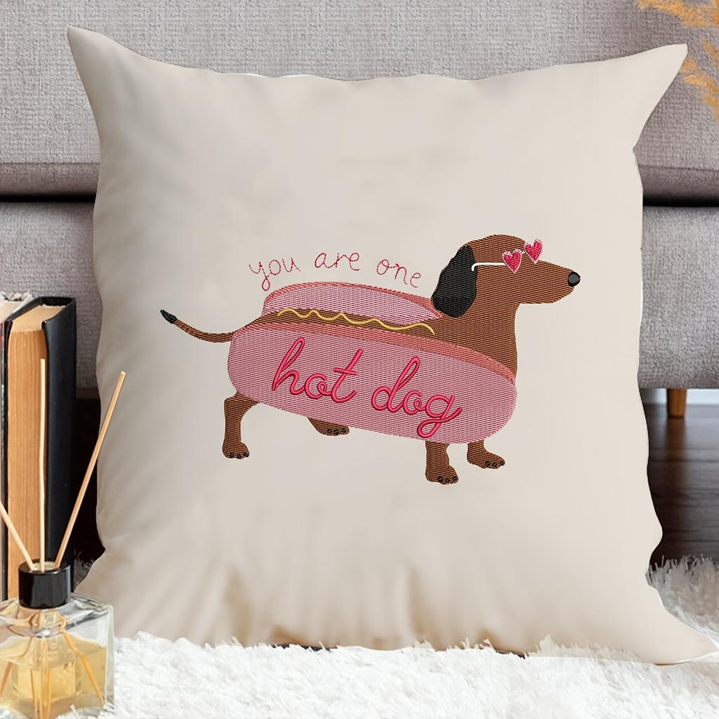 Cute Hot Dog Dachshund Pillow Cover Faux Embroidery Print Funny Sausage Dog Cushion Case For Sofa Bed Couch Kids Room Decor
