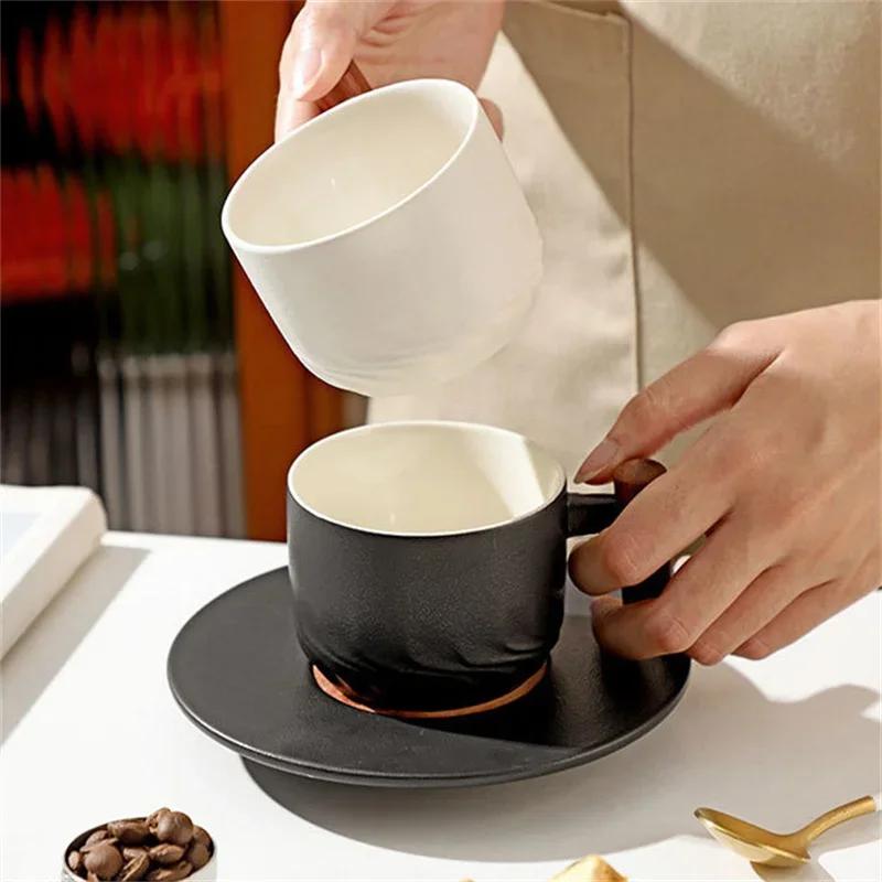 Синяя ретро керамическая кофейная чашка с блюдцем 130 мл деревянная ручка чашка для чая воды фильтр кружка для чая ручной работы матовая чашка для чая кофе подарок