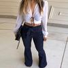 Fashion Ladys High Waisted Lacing Stretch Wide Leg Jeans Bell-Bottomed Pants