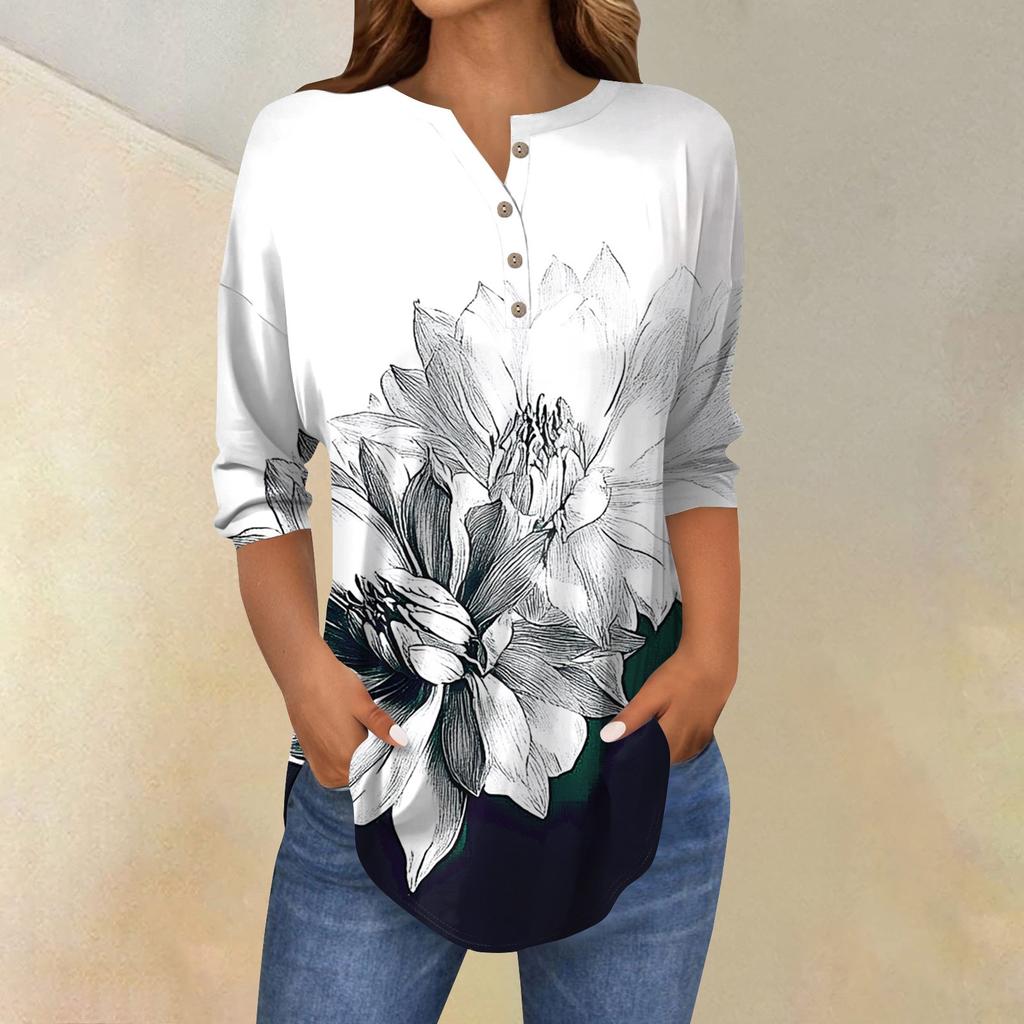 Женская свободная футболка с воротником на пуговицах и винтажным цветочным принтом, рукав три четверти