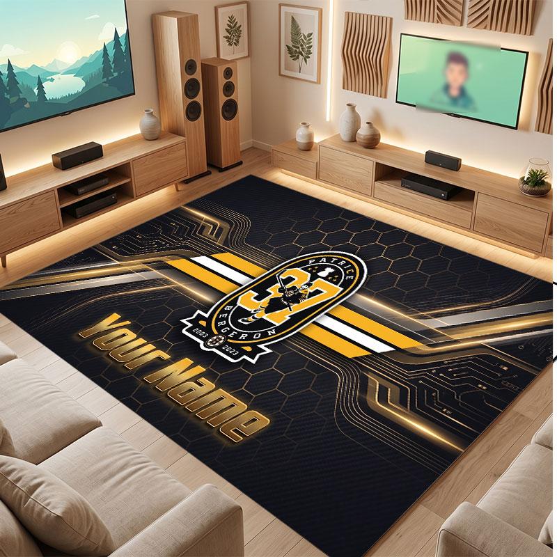 Boston Bruins Personalized Crystal Velvet Carpet, Customized Name Text Soft Anti‑Slip Rug for Living Room Bedroom