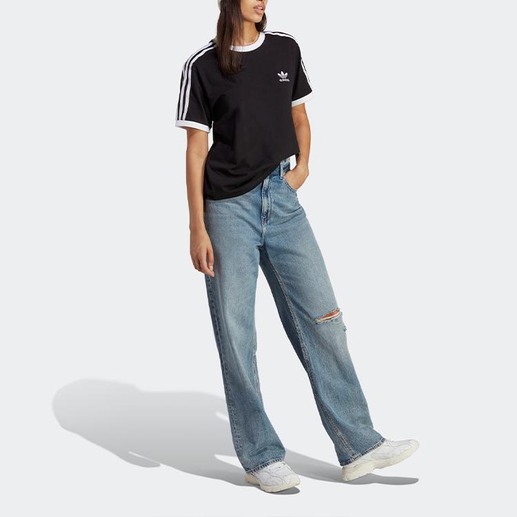 adidas Оригинальные классические футболки с логотипом бренда Adicolor, три полоски, спортивная повседневная футболка с коротким рукавом и круглым вырезом, женские топы, черные IB7407