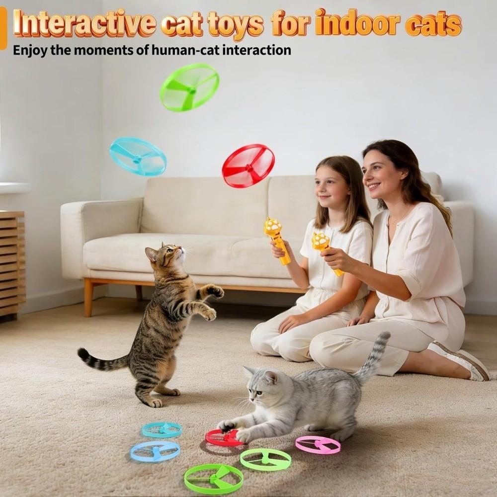 1 Set Interactive Cat Fetch Toy 6 Flying Discs Flying Saucer Stick Interactive Cat Toys Playtime